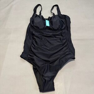 New Aqua Eve Womens XXL Black Ruched One Piece Tankini Swimsuit NWT-6302